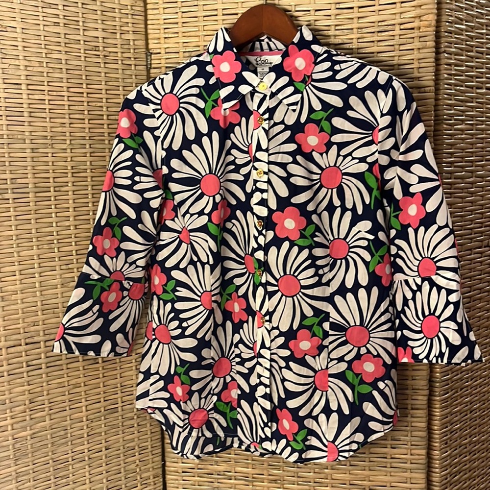 Lilly Pulitzer💕💙🤍 S 12 navy Gold but wht & pink floral print 3/4  sleeve NWB